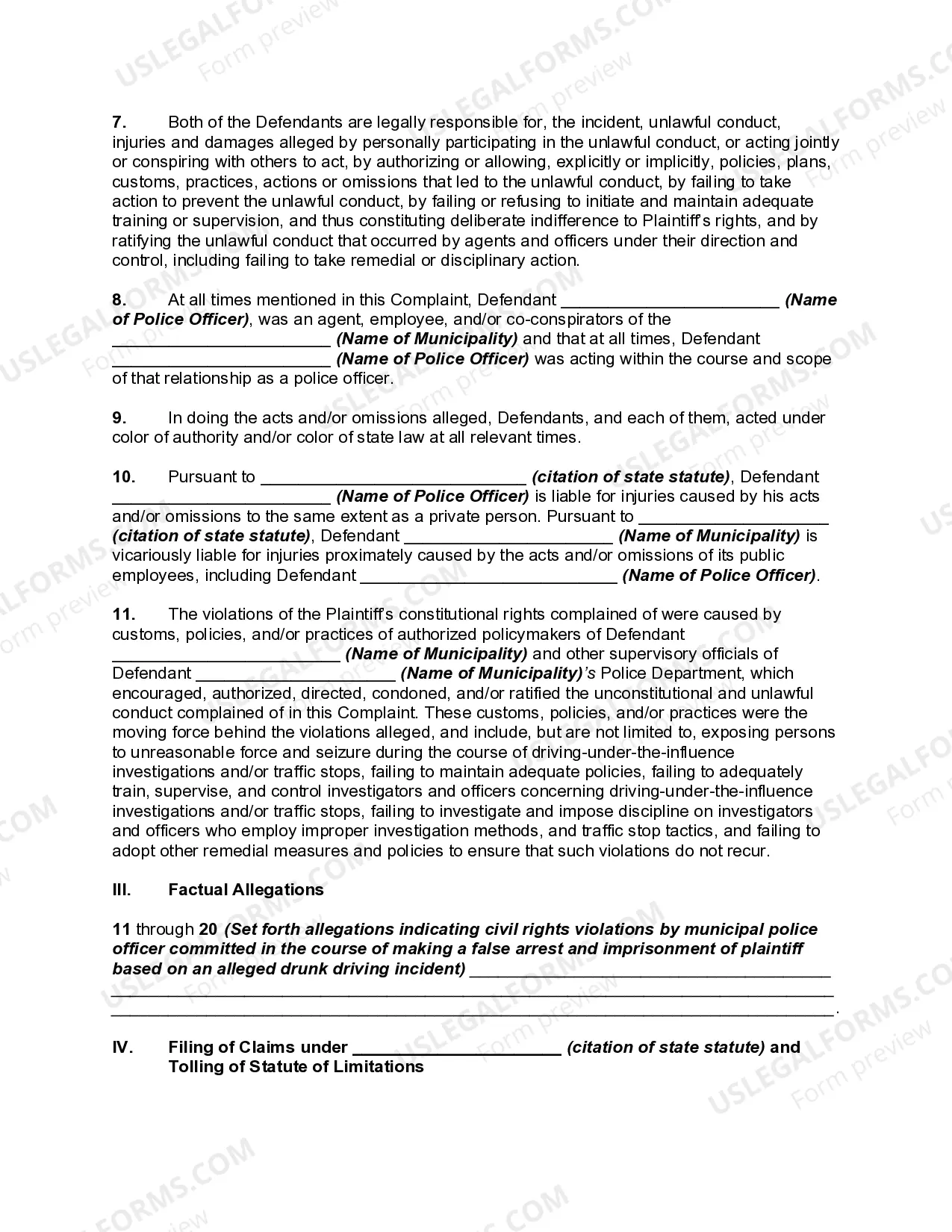 Preview Complaint against Police Officers and Municipality for False Arrest - Unlawful Detention