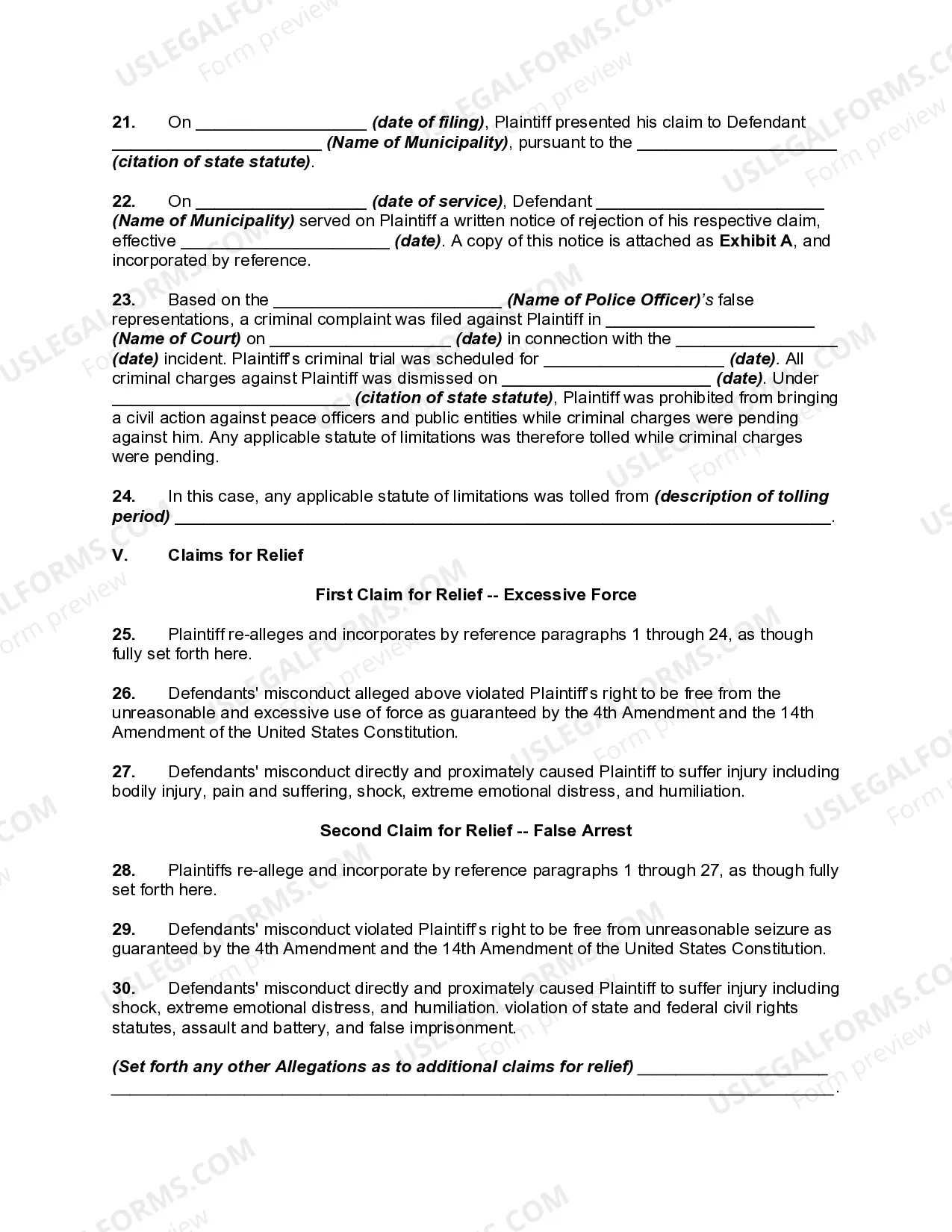 Preview Complaint against Police Officers and Municipality for False Arrest - Unlawful Detention