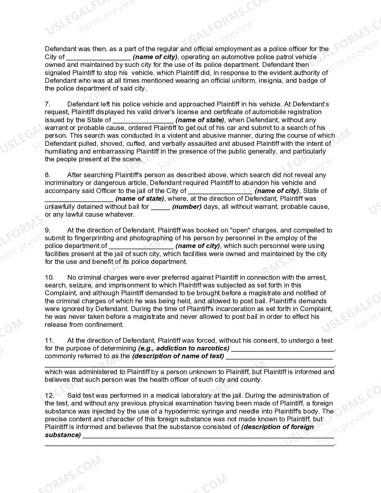 Preview Complaint Against Police Officer for Unlawful Arrest, Search, and Incarceration Resulting in Personal Injuries - Police Brutality and Unlawful Detainment