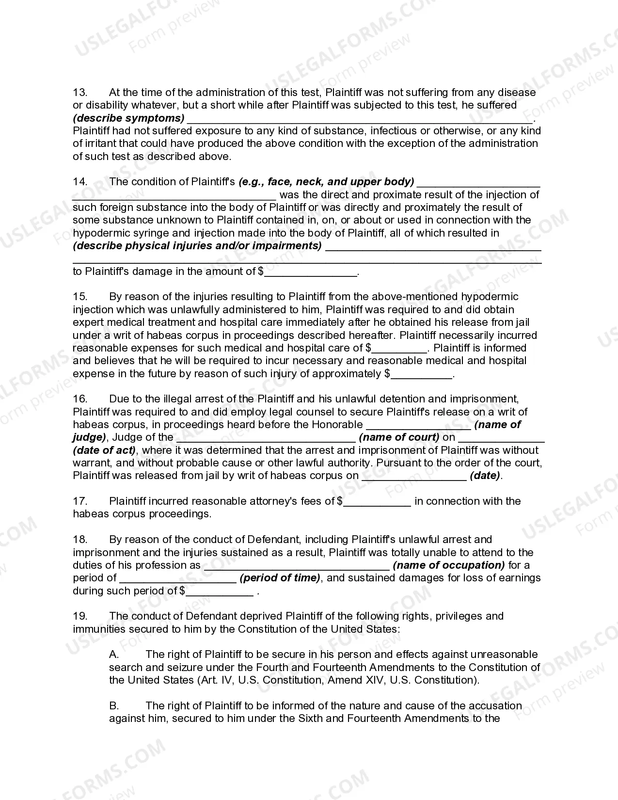 Preview Complaint Against Police Officer for Unlawful Arrest, Search, and Incarceration Resulting in Personal Injuries - Police Brutality and Unlawful Detainment