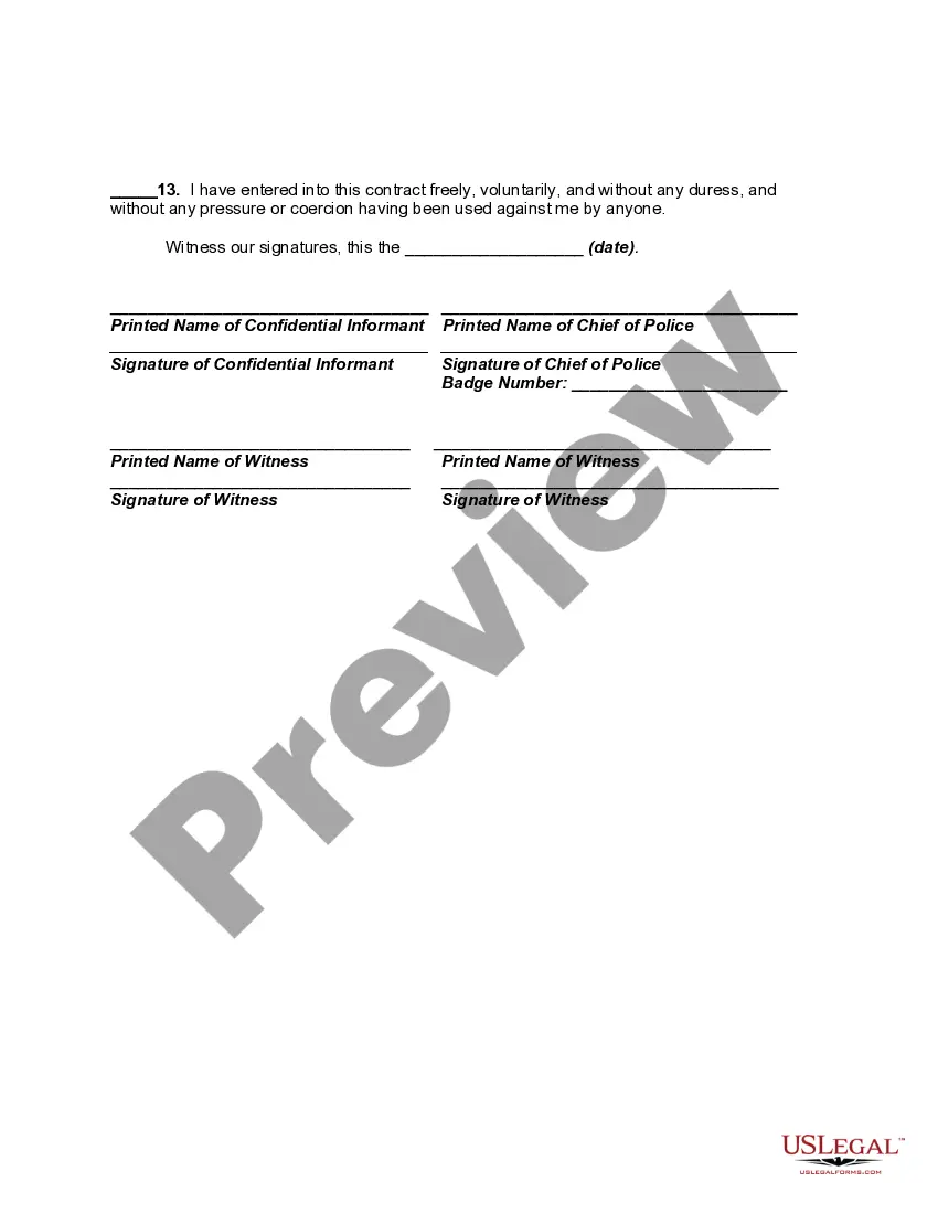 Preview Police Department Confidential Informant Declaration of Understanding and Agreement