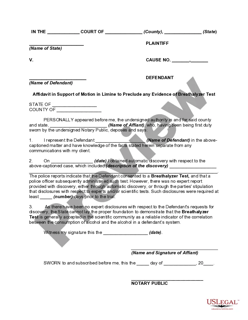 Preview Affidavit In support of Motion in Limine to Preclude any Evidence of Breathalyzer Test - DUI