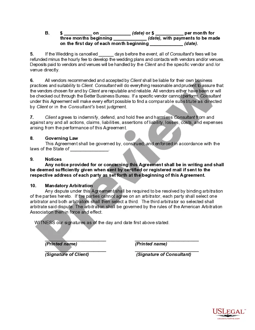 Preview Agreement with Wedding Consultant, Planner or Coordinator