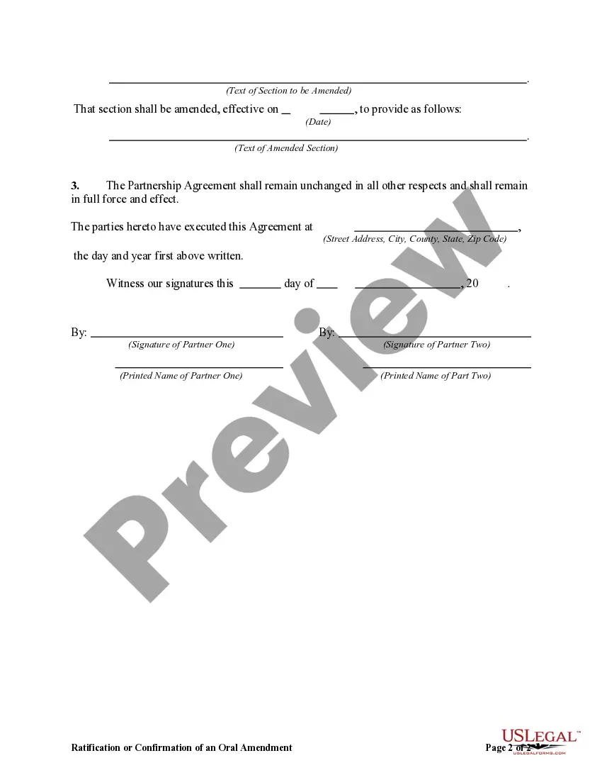 Get Ratification or Confirmation of an Oral Amendment to Partnership Agreement Preview Ratification or Confirmation of an Oral Amendment to Partnership Agreement