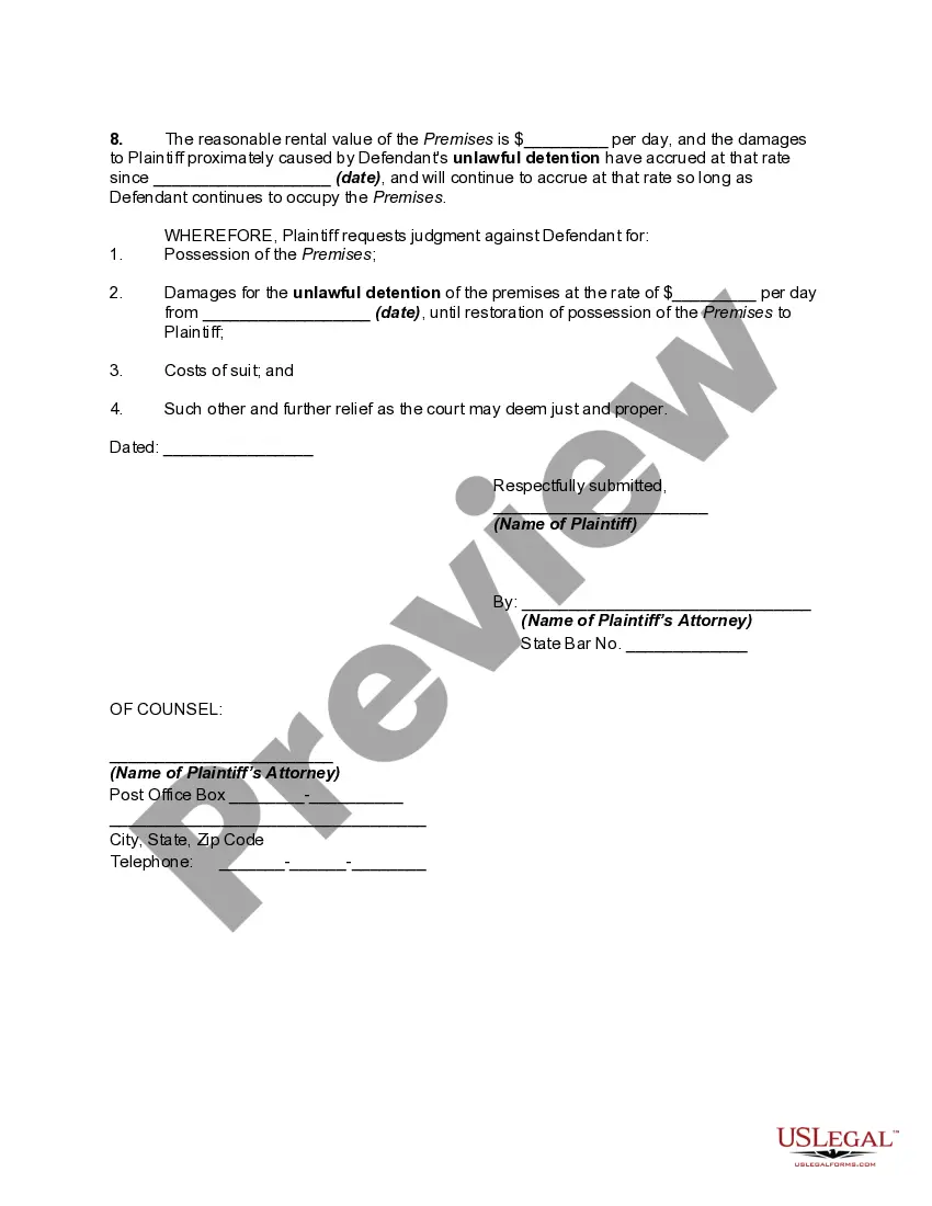 Get Complaint for Damages and Relief for Unlawful Detention of Real Property Formerly Held by Plaintiff Pursuant to a License - Squatter's Rights Preview Complaint for Damages and Relief for Unlawful Detention of Real Property Formerly Held by Plaintiff Pursuant to a License - Squatter's Rights