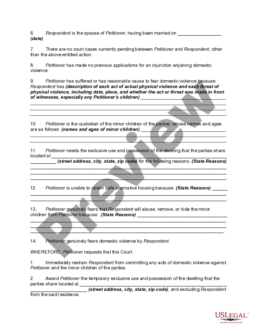Get Petition to for Restraining Order due to Domestic Violence Preview Petition to for Restraining Order due to Domestic Violence