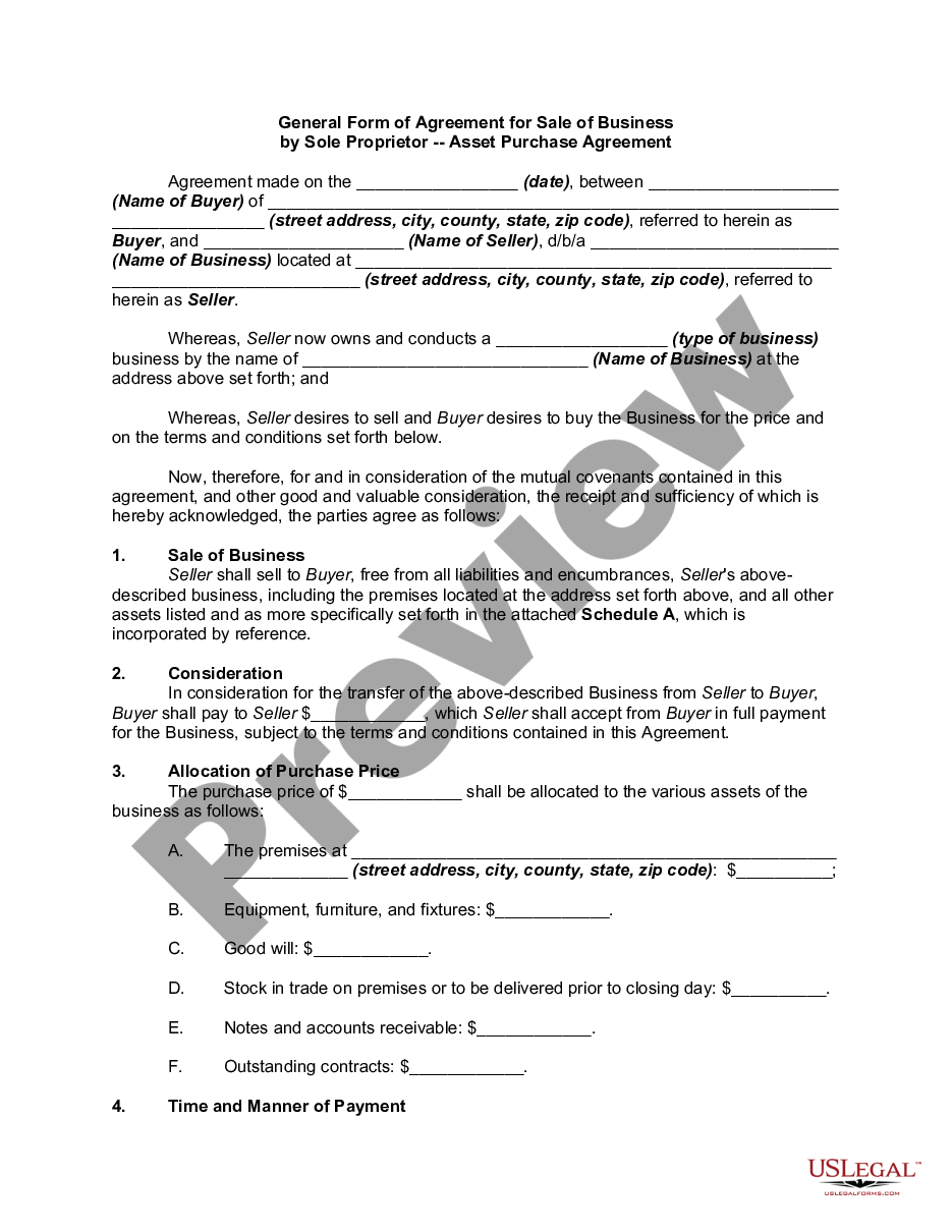 page 0 General Form of Agreement for Sale of Business by Sole Proprietor - Asset Purchase Agreement preview