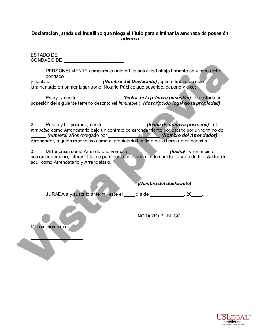 Get Declaración jurada del inquilino que niega el título para eliminar la amenaza de posesión adversa - Derechos de los ocupantes ilegales Preview Declaración jurada del inquilino que niega el título para eliminar la amenaza de posesión adversa - Derechos de los ocupantes ilegales