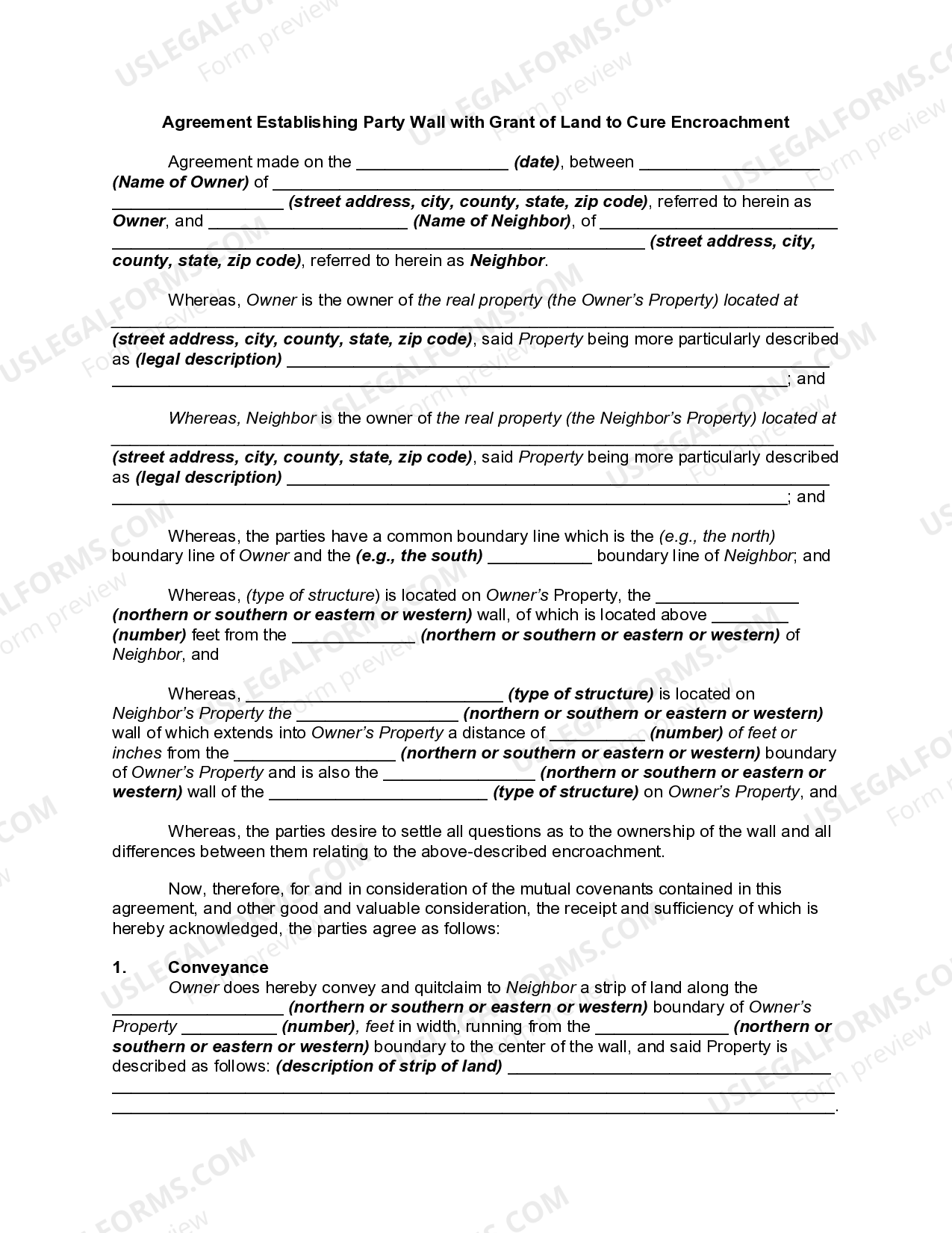 Agreement Establishing Party Wall with Grant of Land to Cure