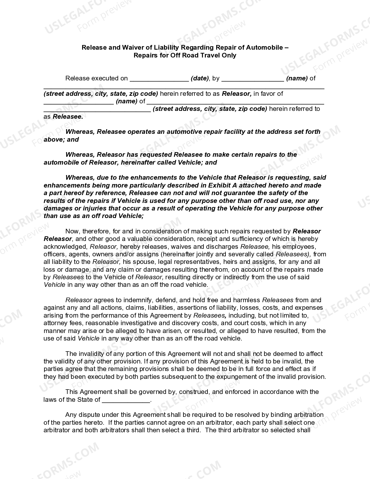 Release and Waiver of Liability Regarding Repair of Automobile