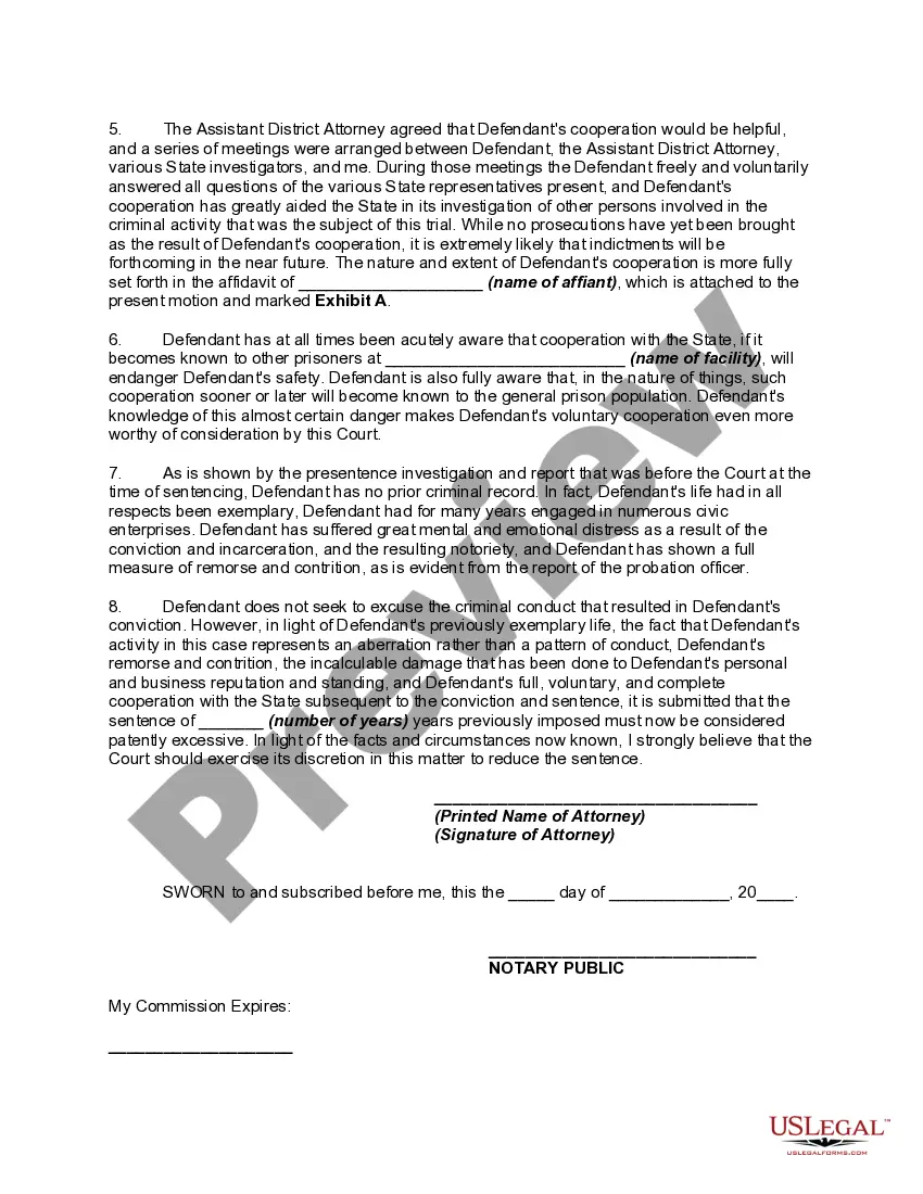 Get Affidavit by Attorney for Defendant in Support of Motion for Reduction of Sentence for Defendant's Assistance with another Prosecution - Modify Preview Affidavit by Attorney for Defendant in Support of Motion for Reduction of Sentence for Defendant's Assistance with another Prosecution - Modify