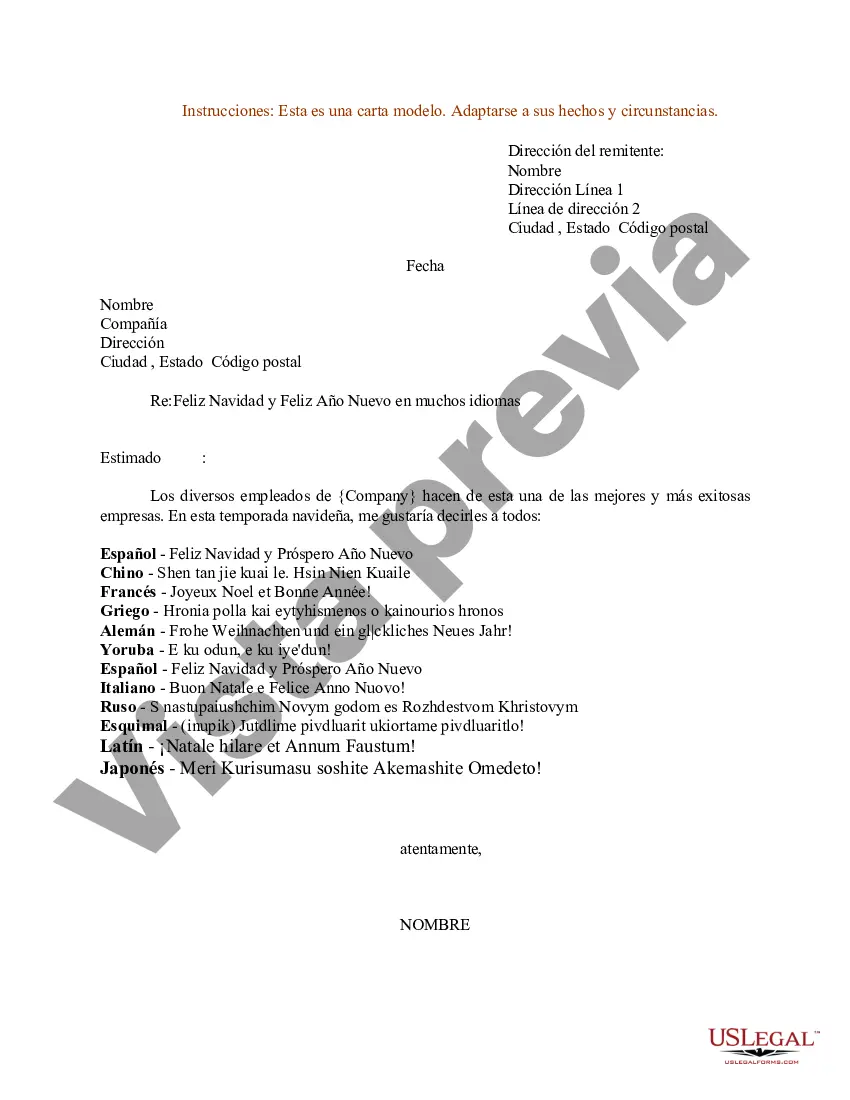 Preview Ejemplo de carta de Feliz Navidad y Próspero Año Nuevo en muchos idiomas