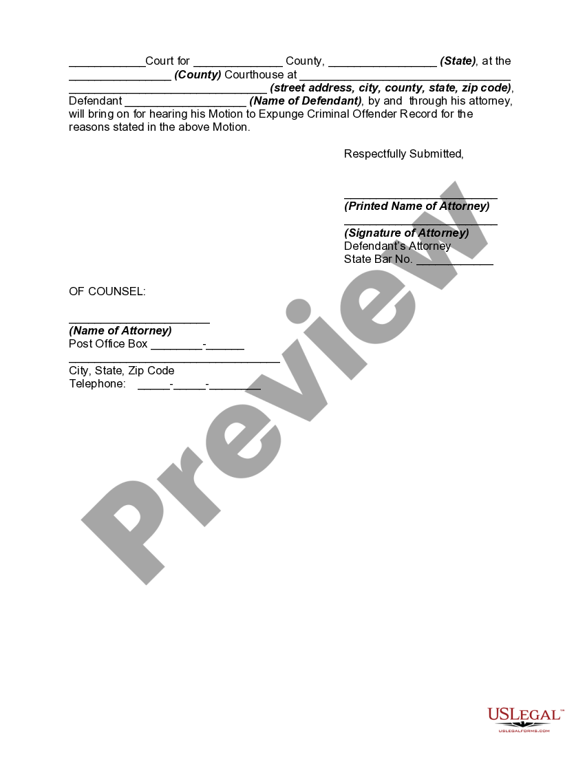 Motion To Expunge Criminal Offender Record Due To Charges Having Been