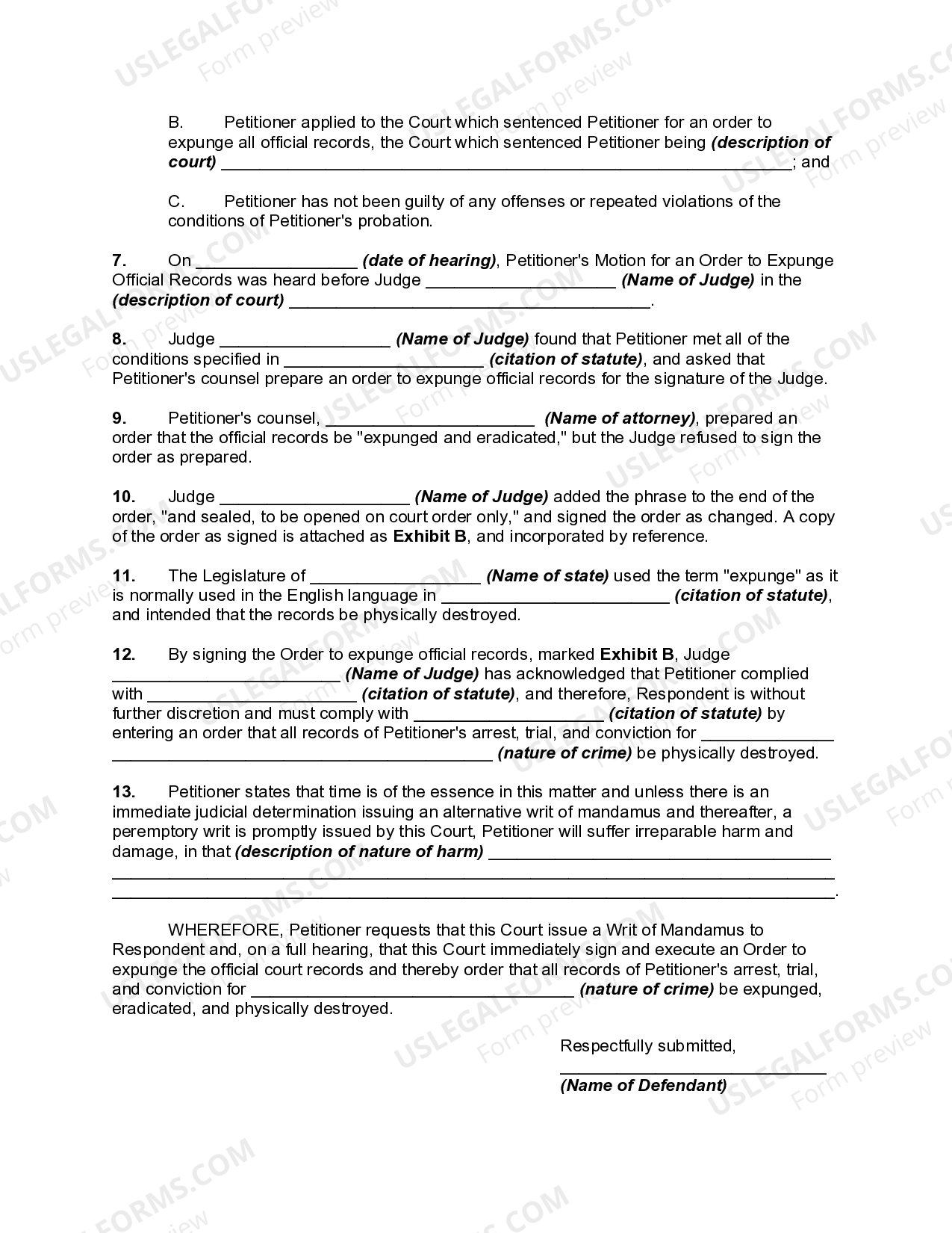 Petition for Writ of Mandamus or Mandate to Compel Court to Expunge ...