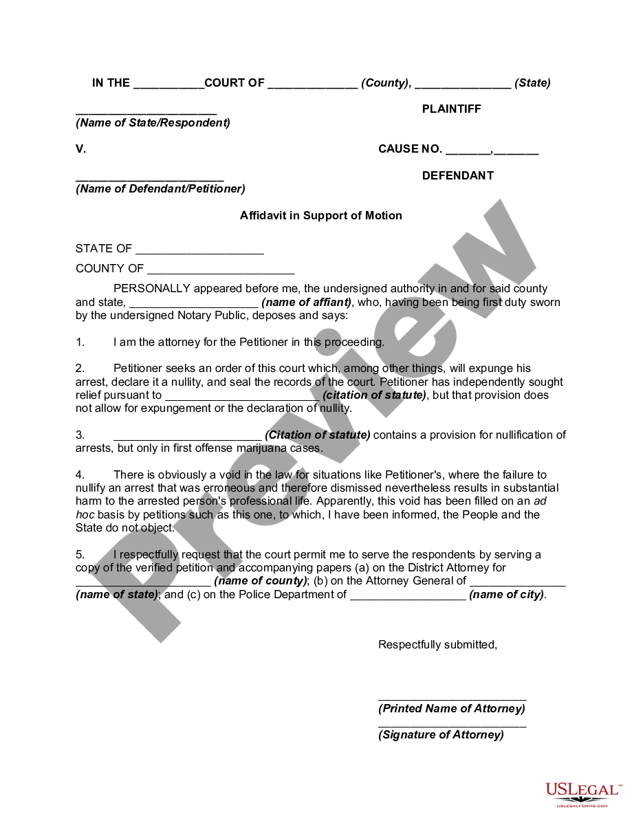 form Affidavit in Support of Motion to Order Expungement of Criminal Record preview