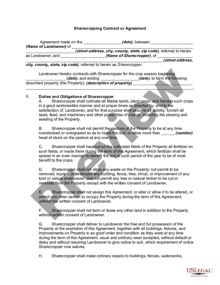 Sharecropping Contract or Agreement Sharecropping Contract US Legal