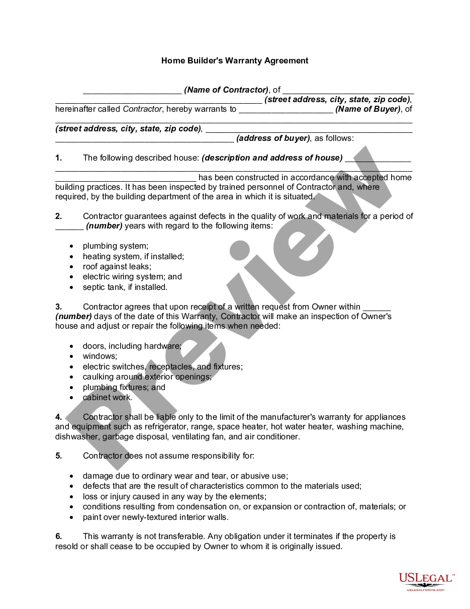 page 0 Home Builder's Warranty Agreement preview