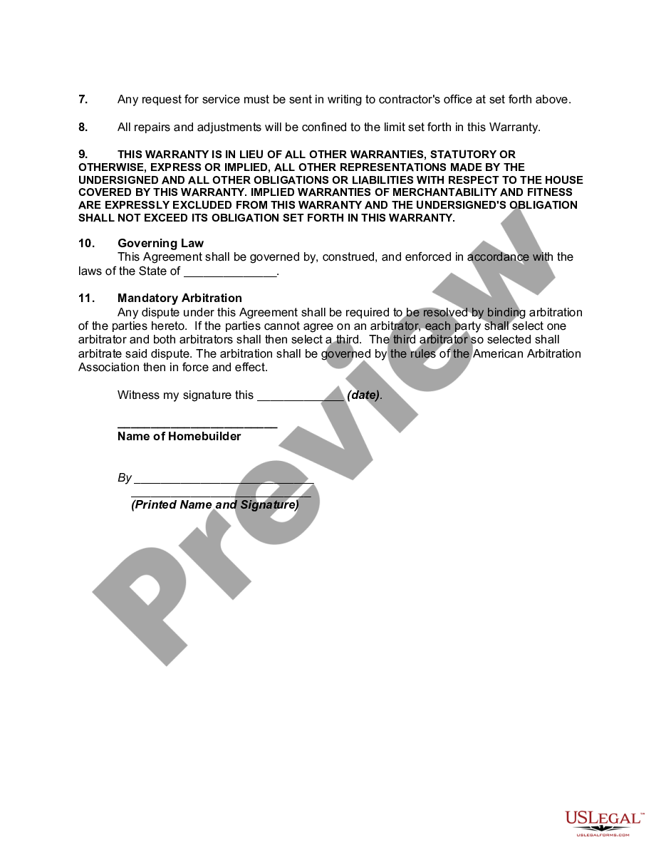 page 1 Home Builder's Warranty Agreement preview