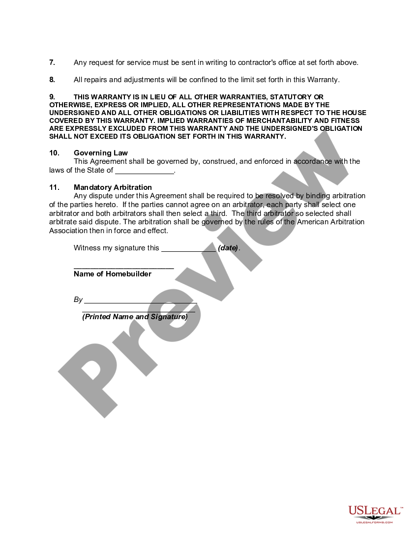 Home Builder's Warranty Agreement 1 Year Builder Warranty Form US