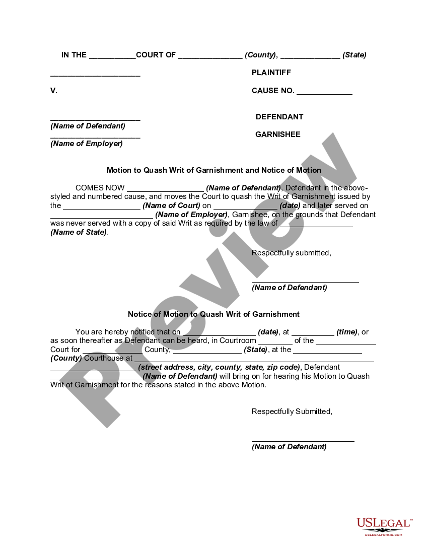 Fairfax Virginia Motion Of Defendant To Discharge Or Quash Writ Of Garnishment For Failure To