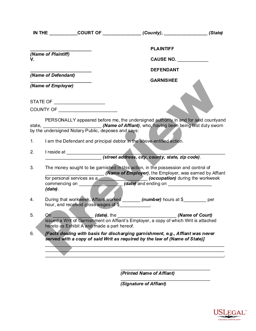 Affidavit In Support Of Motion To Discharge Writ Of Garnishment Support Garnishment Us Legal