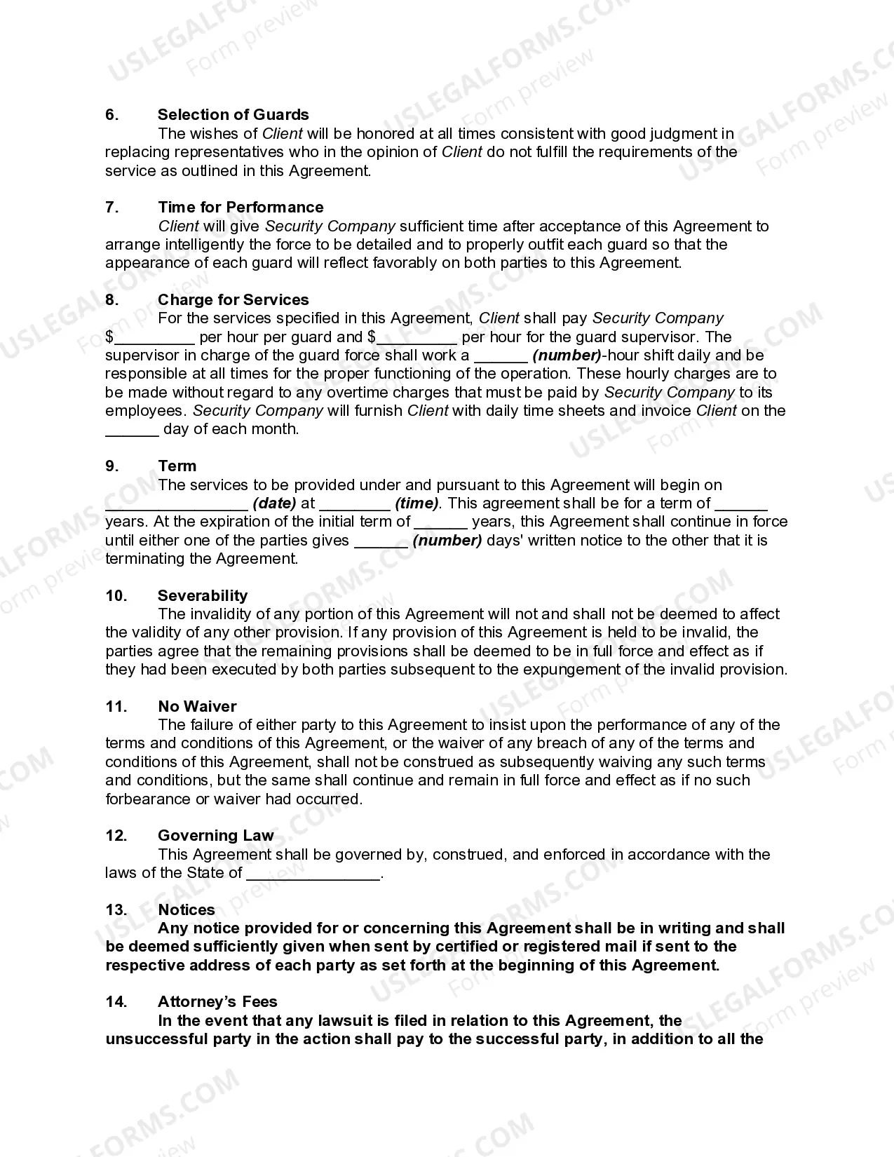 Preview Agreement to Furnish Plant or Manufacturing Facility with Security Guards