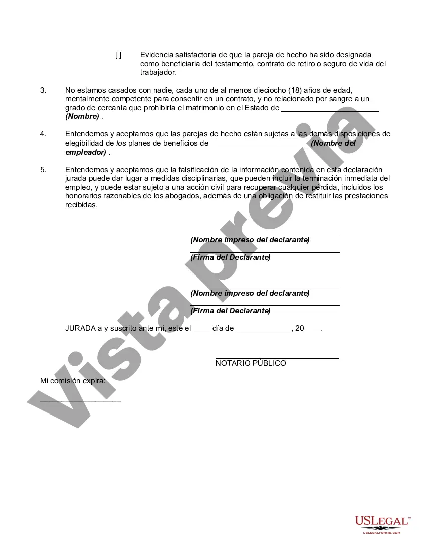 Preview Declaración jurada de ambas parejas de hecho al empleador para recibir beneficios