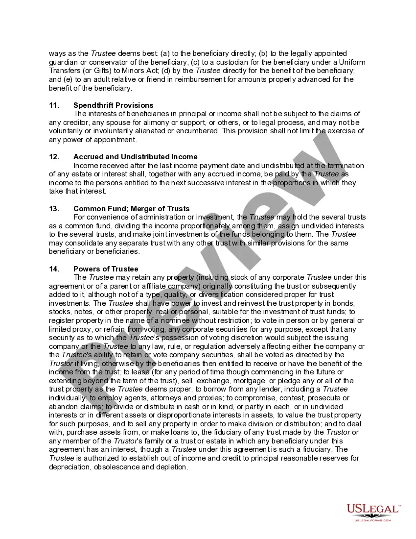 Get Irrevocable Trust Agreement for Benefit of Trustor's Children and Grandchildren with Spendthrift Trust Provisions Preview Irrevocable Trust Agreement for Benefit of Trustor's Children and Grandchildren with Spendthrift Trust Provisions