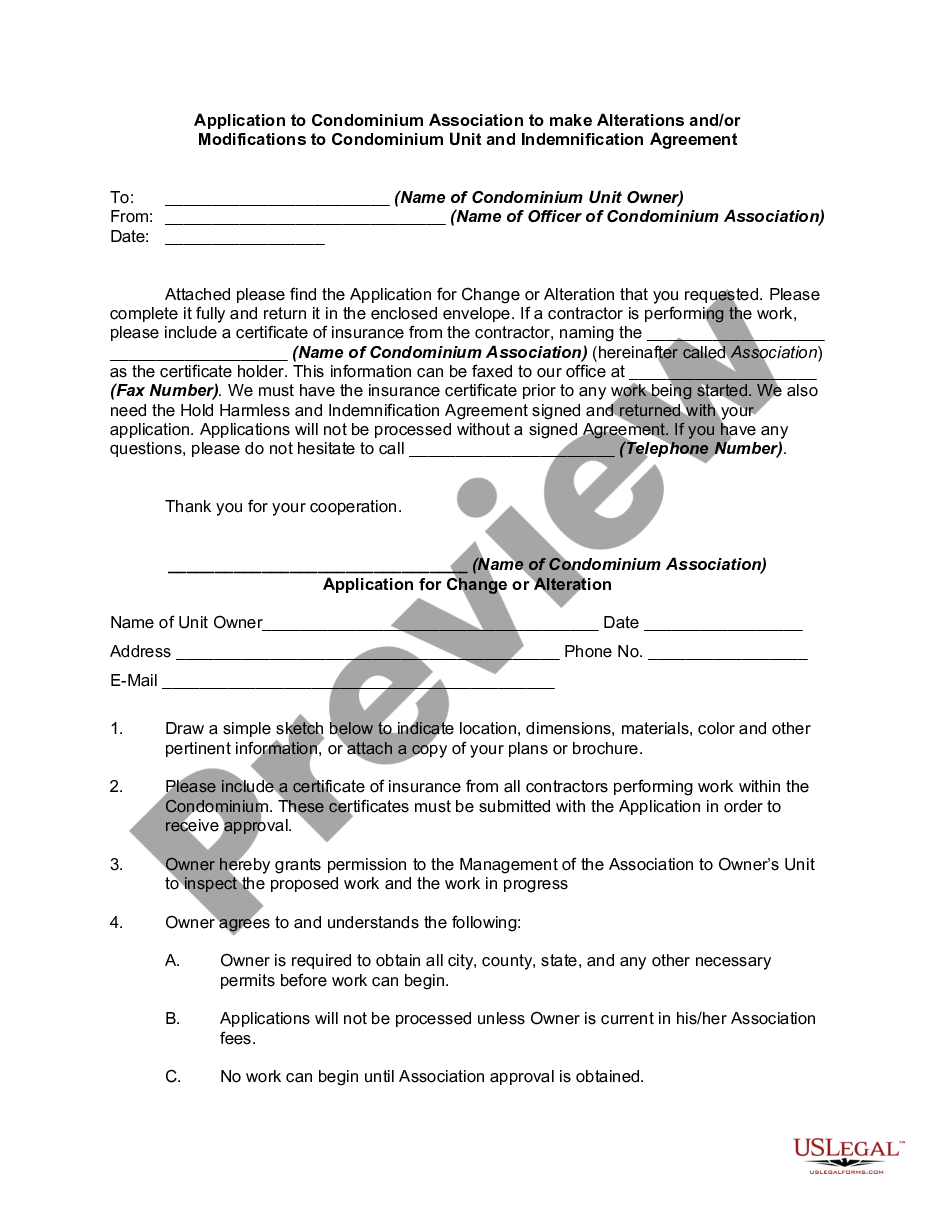 page 0 Application to Condominium Association to make Alterations and/or Modifications to Condominium Unit and Indemnification Agreement preview