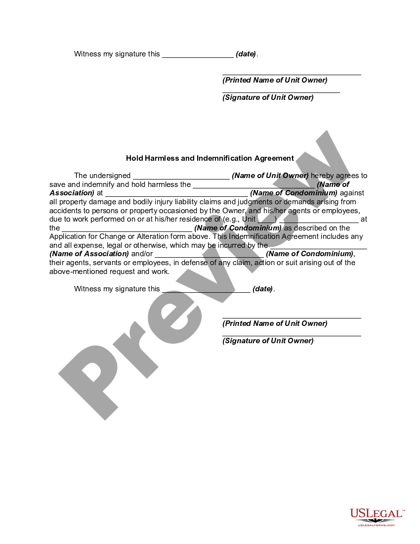 page 1 Application to Condominium Association to make Alterations and/or Modifications to Condominium Unit and Indemnification Agreement preview