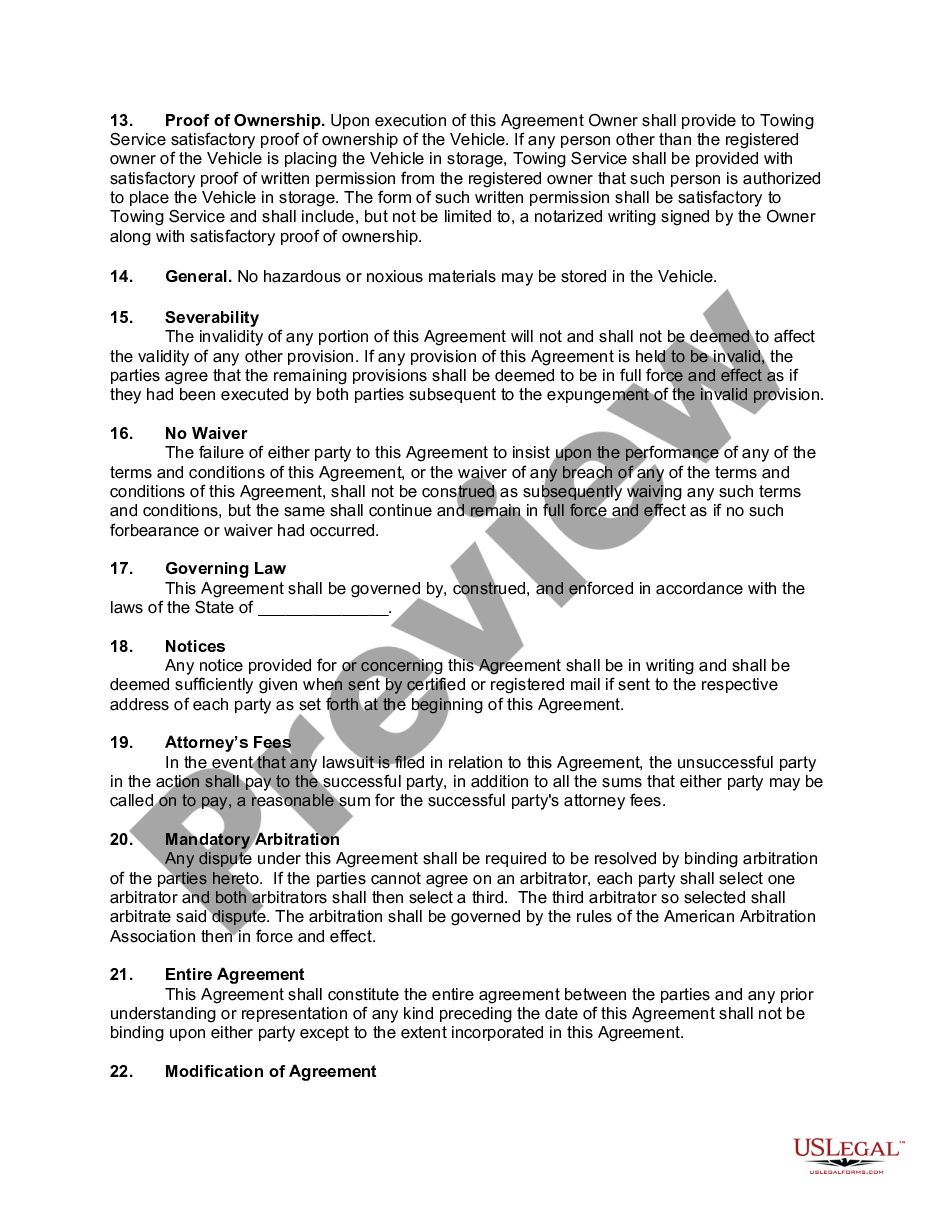 Contract for Vehicle or Truck Towing Towing Contract US Legal Forms