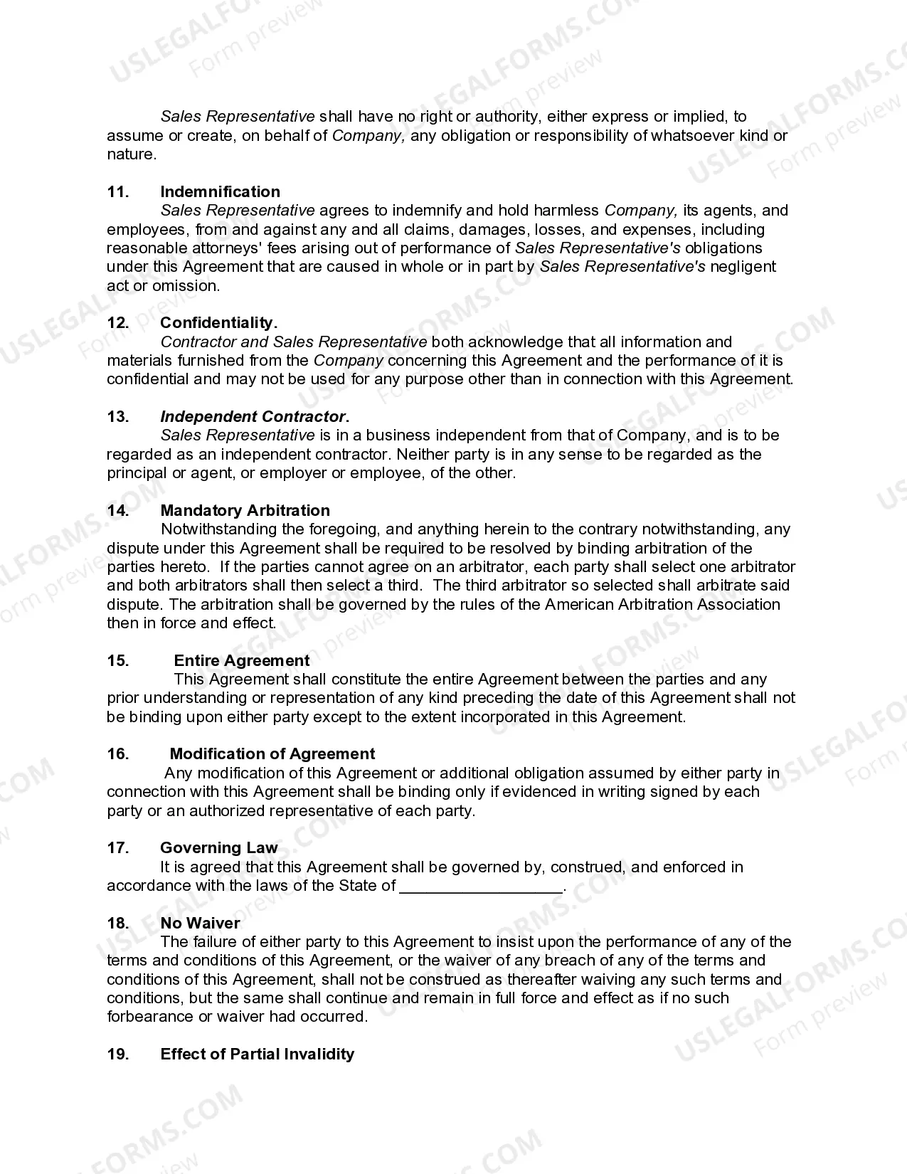 Preview Independent Contractor Agreement with Sales Representative with Nondisclosure Agreement