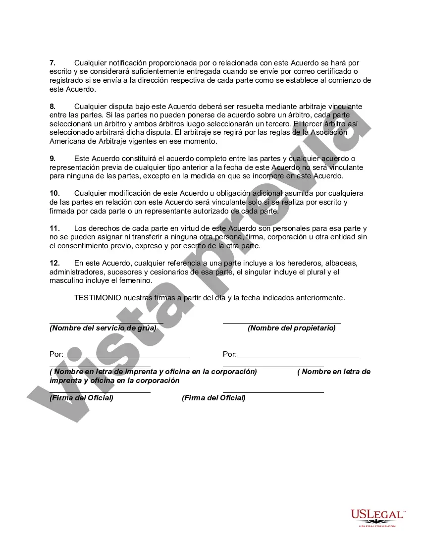 Preview Acuerdo de servicio de remolque de camiones de propiedad privada para retirar vehículos estacionados ilegalmente o no autorizados de la propiedad