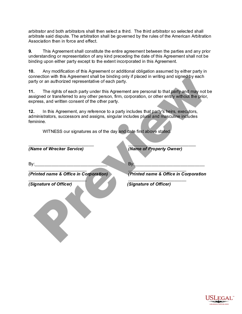 Private Property Truck Towing Service Agreement to Remove