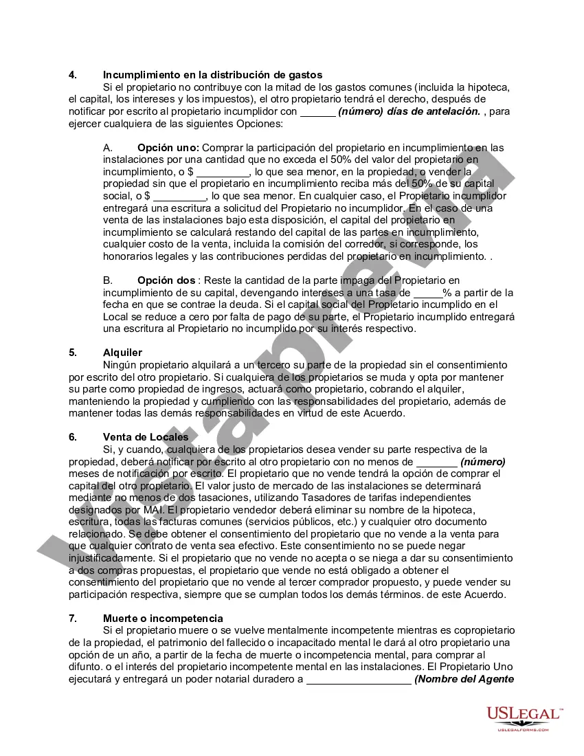 Preview Acuerdo en cuanto a la tenencia en común de la propiedad de las instalaciones sin el propietario para vender o alquilar las instalaciones sin el consentimiento de otros