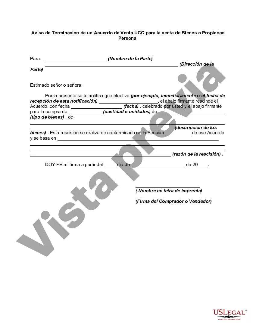 Preview Aviso de Terminación o Cancelación de un Acuerdo de Venta UCC para la venta de Bienes o Bienes Personales