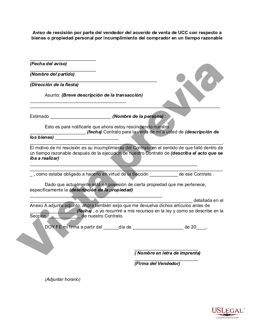 Preview Aviso de Terminación o Cancelación por parte del Vendedor del Acuerdo de Venta de UCC con respecto a Bienes o Propiedad Personal por Incumplimiento del Comprador en un Tiempo Razonable