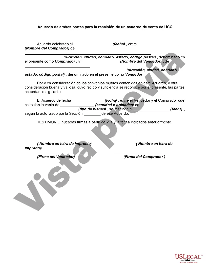 Preview Acuerdo de ambas partes para la rescisión o cancelación de un acuerdo de venta de UCC