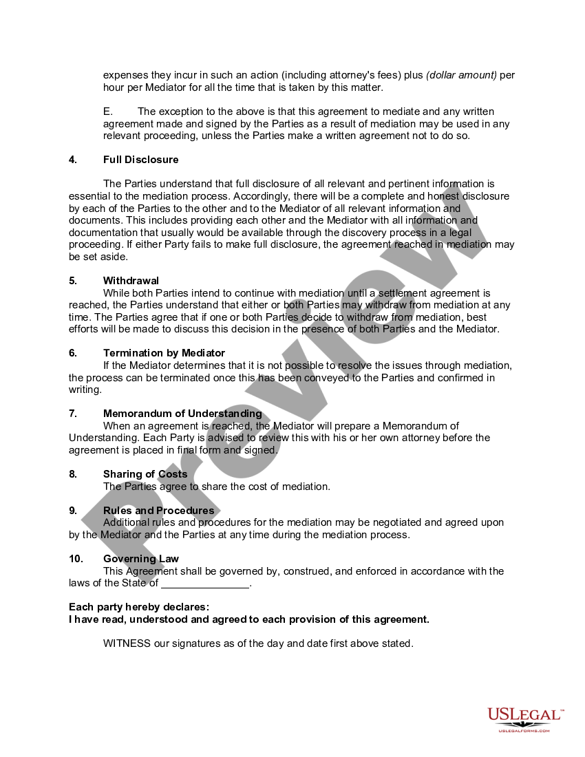 Mediation Agreement between Private Parties | US Legal Forms