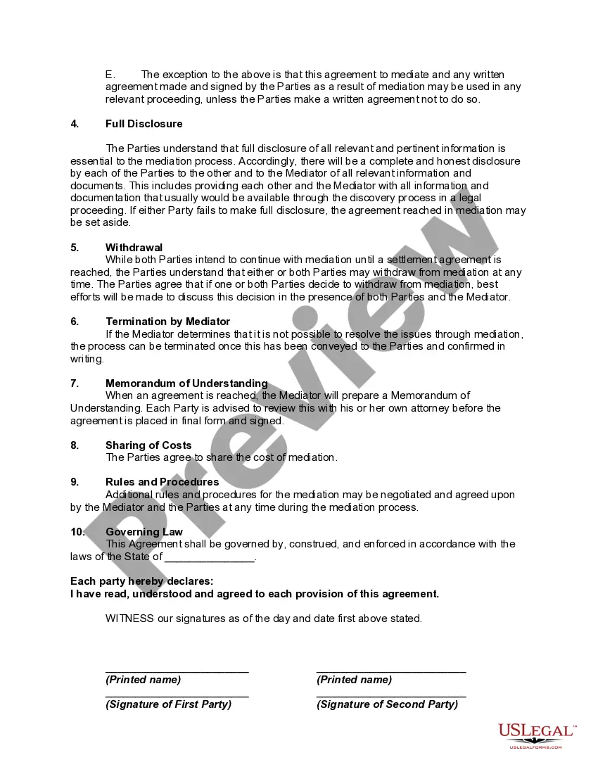 Get Mediation Agreement between Private Parties Preview Mediation Agreement between Private Parties