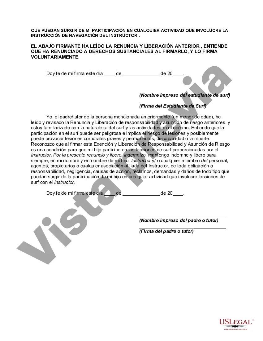 Preview Exención y Liberación de Responsabilidad y Asunción de Riesgo por Lecciones de Surf