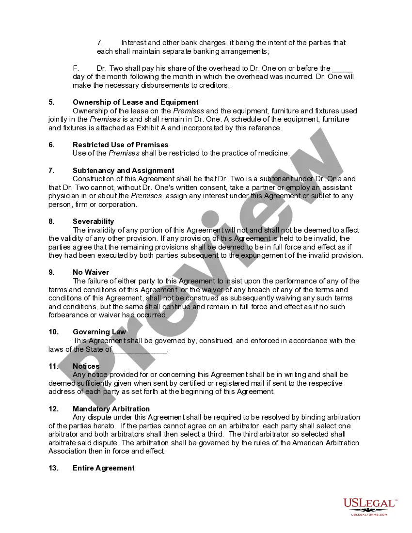 Get Agreement between Physicians to Share Offices without Forming Partnership Preview Agreement between Physicians to Share Offices without Forming Partnership