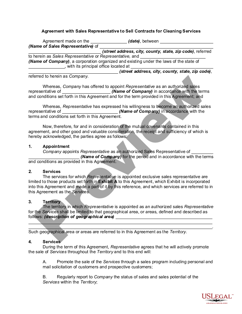 Agreement with Sales Representative to Sell Contracts for Cleaning Services  - Cleaning Contracts For Sale | US Legal Forms