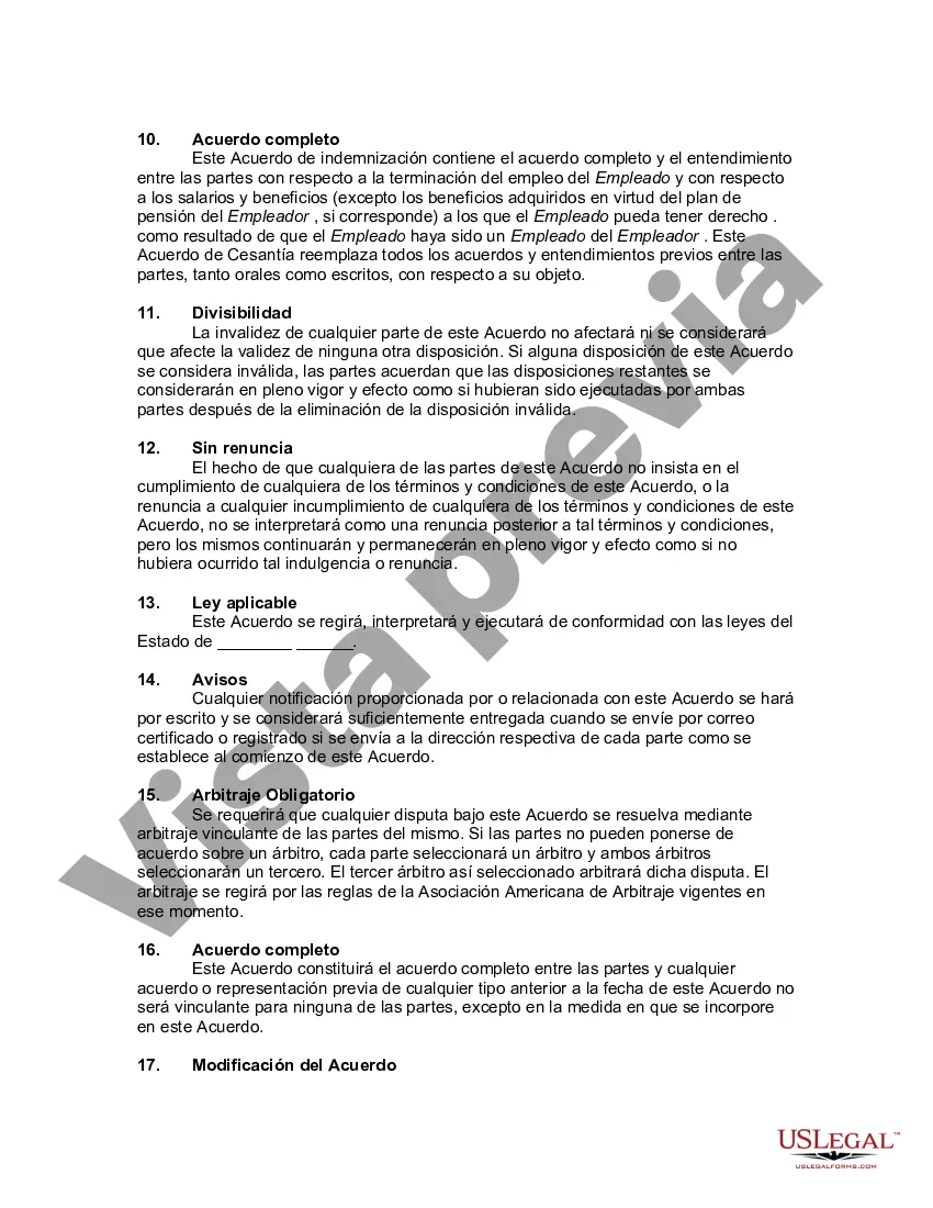 Preview Acuerdo de Indemnización por Terminación o Renuncia del Trabajo o Empleo