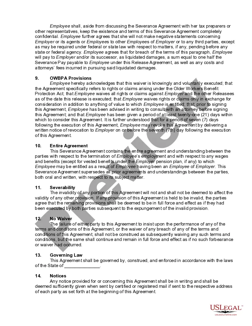 Get Severance Agreement upon Termination or Resignation of Job or Employment Preview Severance Agreement upon Termination or Resignation of Job or Employment