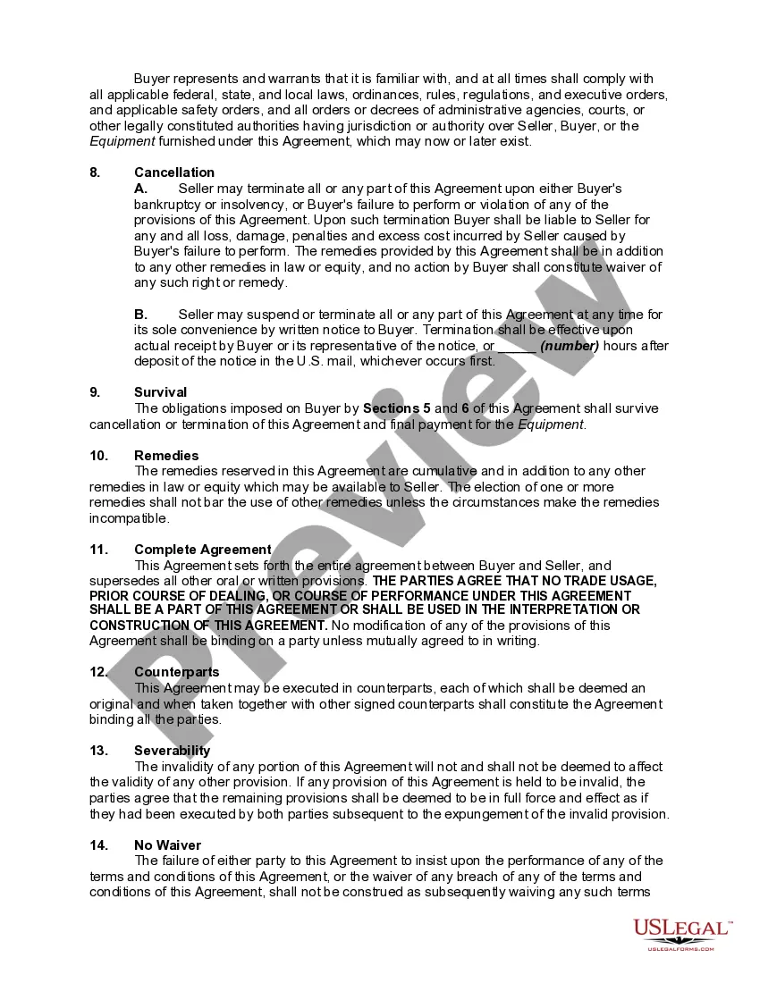 Preview Agreement for Sale of Equipment; Additional Proposed Terms Are Expressly Rejected; Disclaimer of Warranties