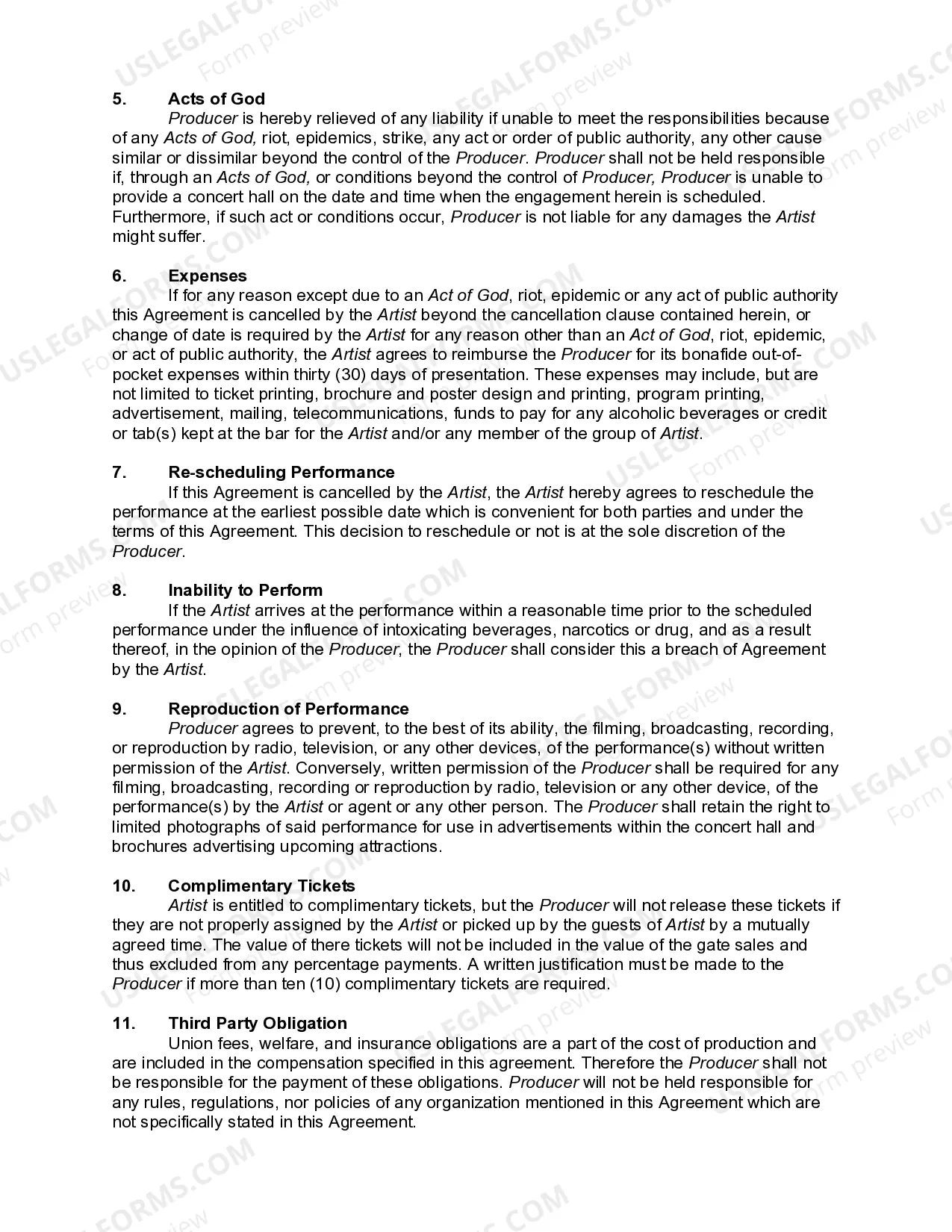 Preview Agreement with Performing Artist to give a Concert