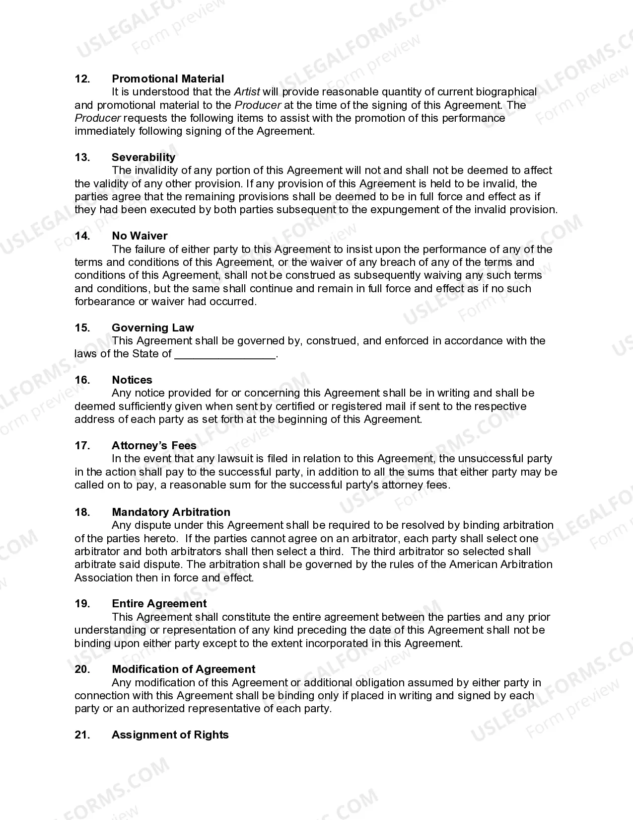 Preview Agreement with Performing Artist to give a Concert