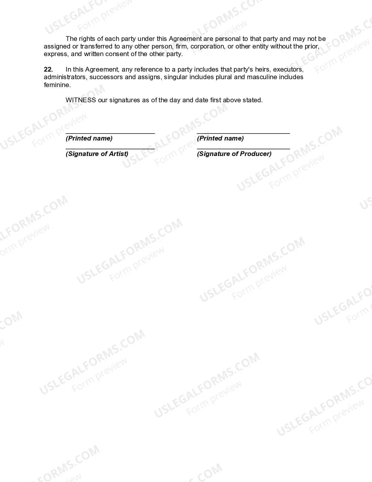 Preview Agreement with Performing Artist to give a Concert