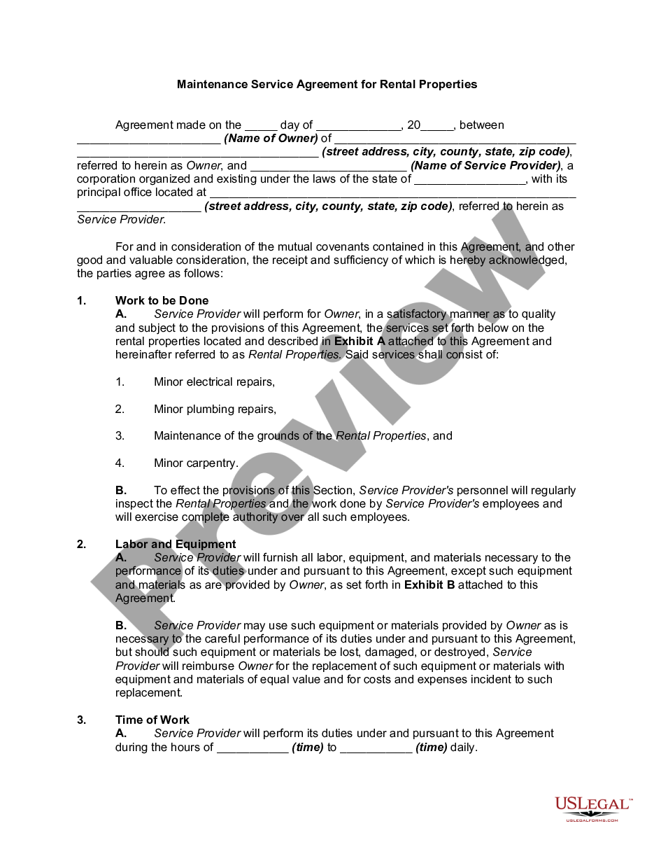 page 0 Maintenance Service Agreement for Rental Properties preview